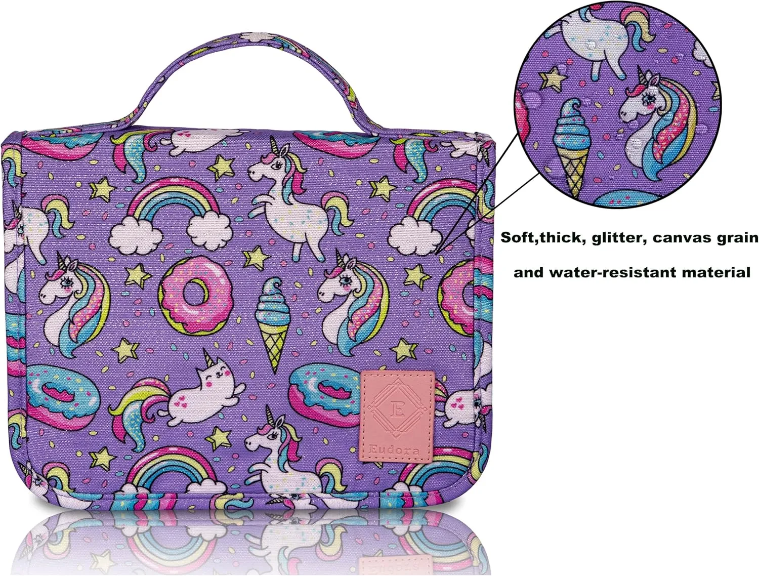 Cute Rainbow Unicorn Cartoon Toiletry Bag for Girls and Kids, Waterproof Bathroom Bag for Weekend with Many Rooms Pockets and Portable 360 Degree Hanging Hook