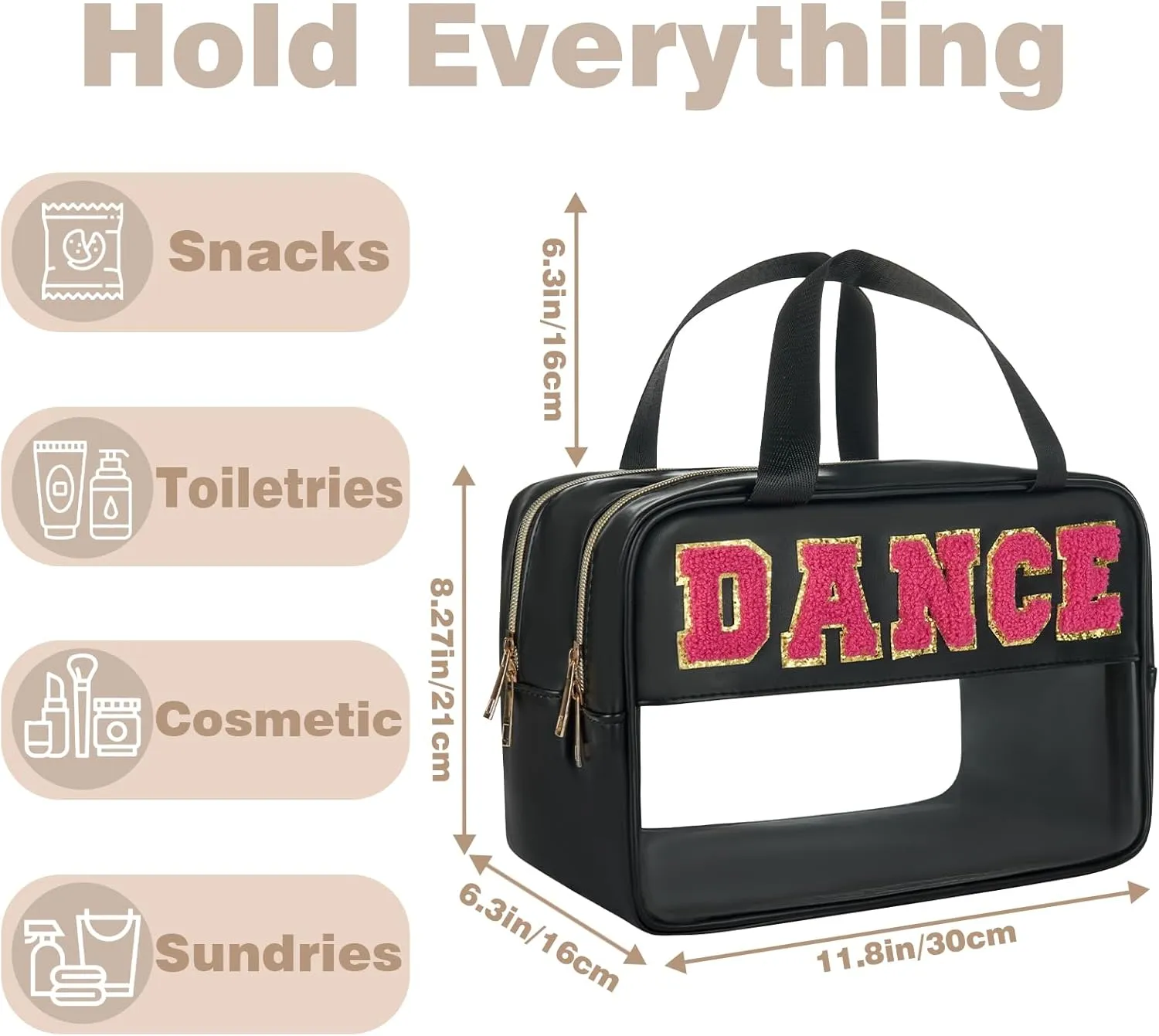 Dance Bag - Clear Makeup Bag, Varsity Letter Pouch, Dance Competition Accessories, Travel Toiletry Bag