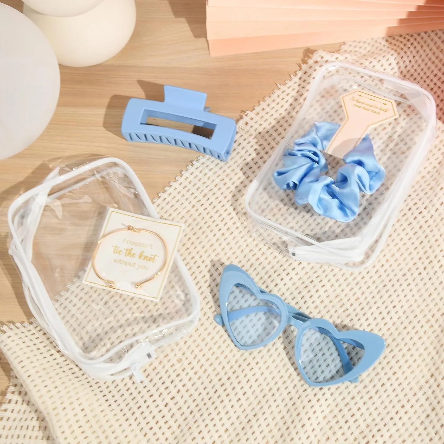 DEEKA 30 Pcs Bridesmaid Proposal Bag Set Gift Clear Makeup Toiletry Bag Bachelorette Party Favors Sunglasses Hair Claw Clips Scrunchies Knot Bracelets Bridal Wedding Party Gifts (Blue)
