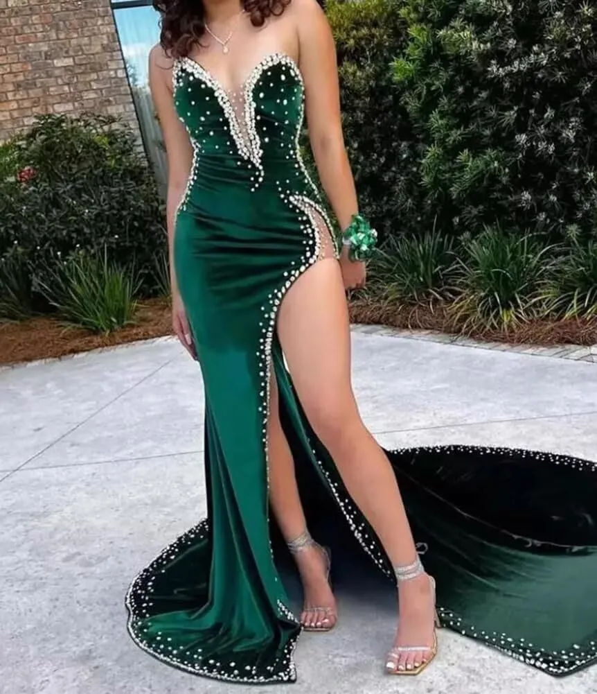Deep V Neck Velvet with Slit Prom Dress Crystal Mermaid Formal Evening Gown Rhinestone Pageant Celebrity Gala Dresses