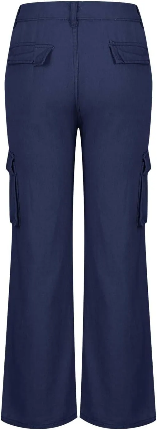 Denim Cargo Pants for Women Baggy Multi Pockets Button Mid Waist Zipper Jeans 2024 Fashion Straight Leg Cargo Jeans