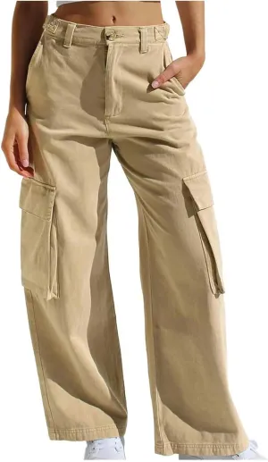 Denim Cargo Pants for Women Baggy Multi Pockets Button Mid Waist Zipper Jeans 2024 Fashion Straight Leg Cargo Jeans
