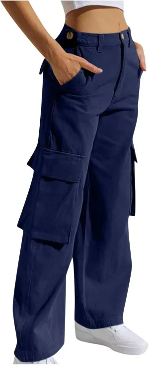 Denim Cargo Pants for Women Baggy Multi Pockets Button Mid Waist Zipper Jeans 2024 Fashion Straight Leg Cargo Jeans
