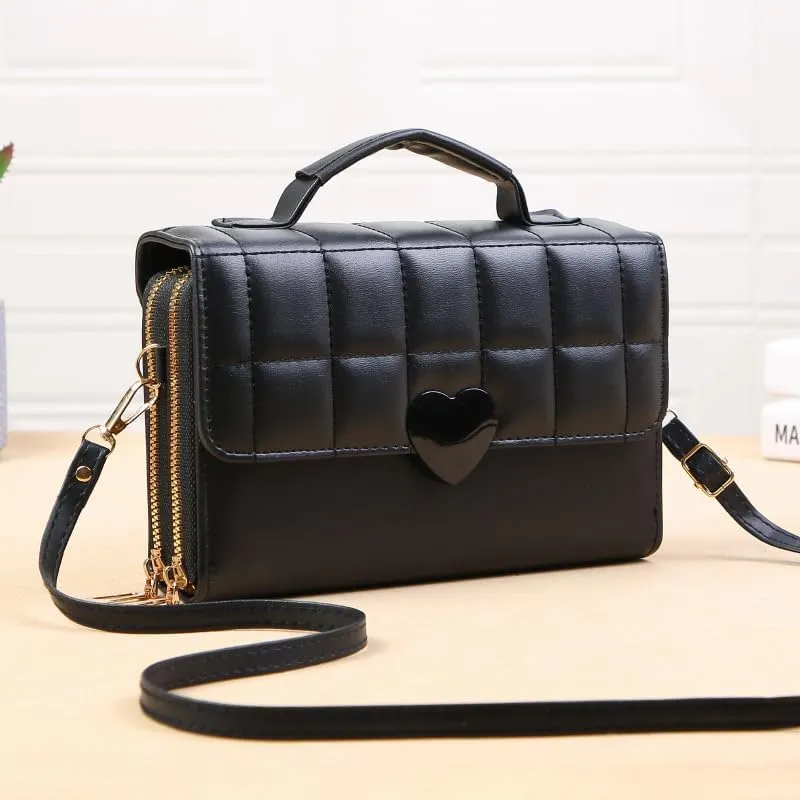 Designer Quilted Shoulder Handbag For Women, Crossbody Bag with Handle, Dual Zipper Compartments with Heart Clasp