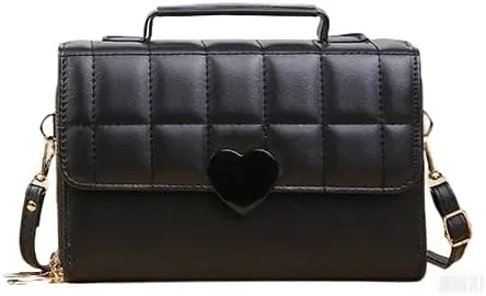 Designer Quilted Shoulder Handbag For Women, Crossbody Bag with Handle, Dual Zipper Compartments with Heart Clasp