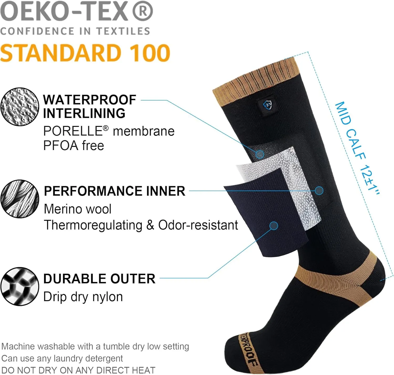 DexShell Waterproof Socks for Men & Women - Mid Calf Boot Sock, Warm for Hiking Camping in Extreme Cold Wet Weather