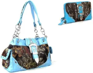 DH JP Camo Bling Rhinestone Buckle Shoulder Bag Purse Zipper Wristlet Wallet Set