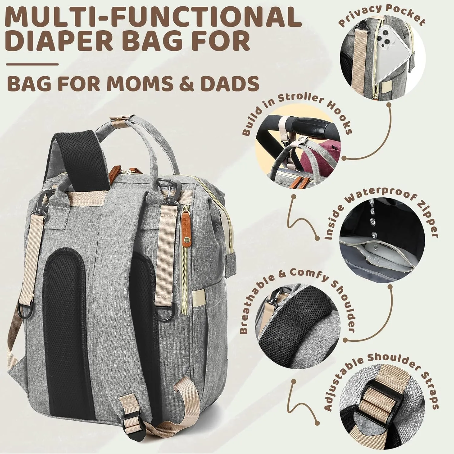Diaper Bag Backpack for Girls Boys: Gray Toddler Diaper Bag with Changing Pad Baby Backpack Diaper Bag for Mon Dad Newborn Cute Mochila Pañaleras para Bebe Niña Niño Baby Registry Search Essentials