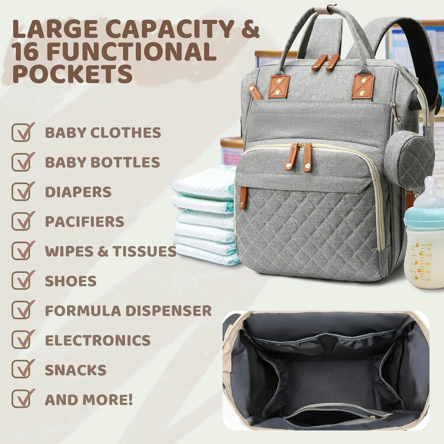 Diaper Bag Backpack for Girls Boys: Gray Toddler Diaper Bag with Changing Pad Baby Backpack Diaper Bag for Mon Dad Newborn Cute Mochila Pañaleras para Bebe Niña Niño Baby Registry Search Essentials