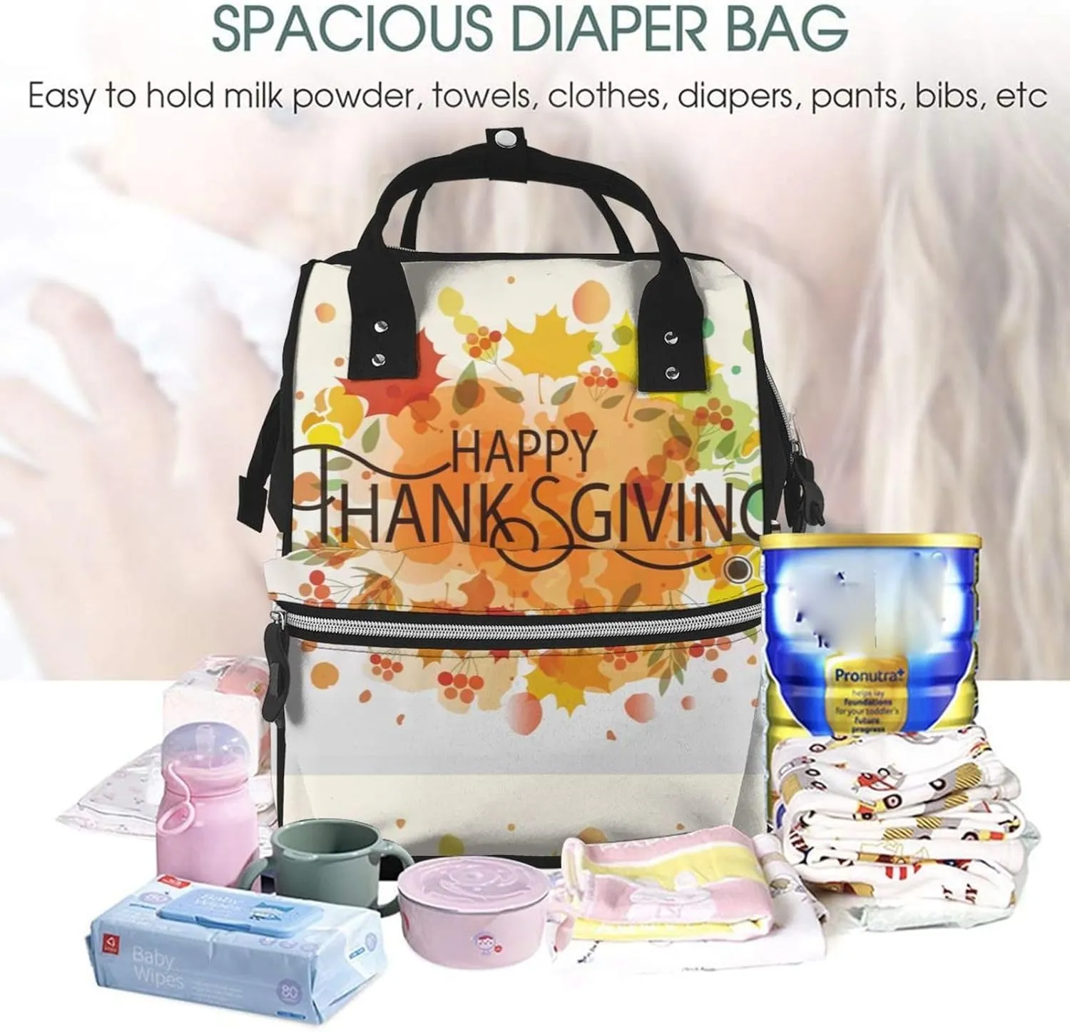 Diaper Bag Backpack For Women, Happy Thanksgiving Waterproof Multifunction Travel Pack Maternity Baby Changing Bags, Nappy Baby Bags With Multi-Function For Baby