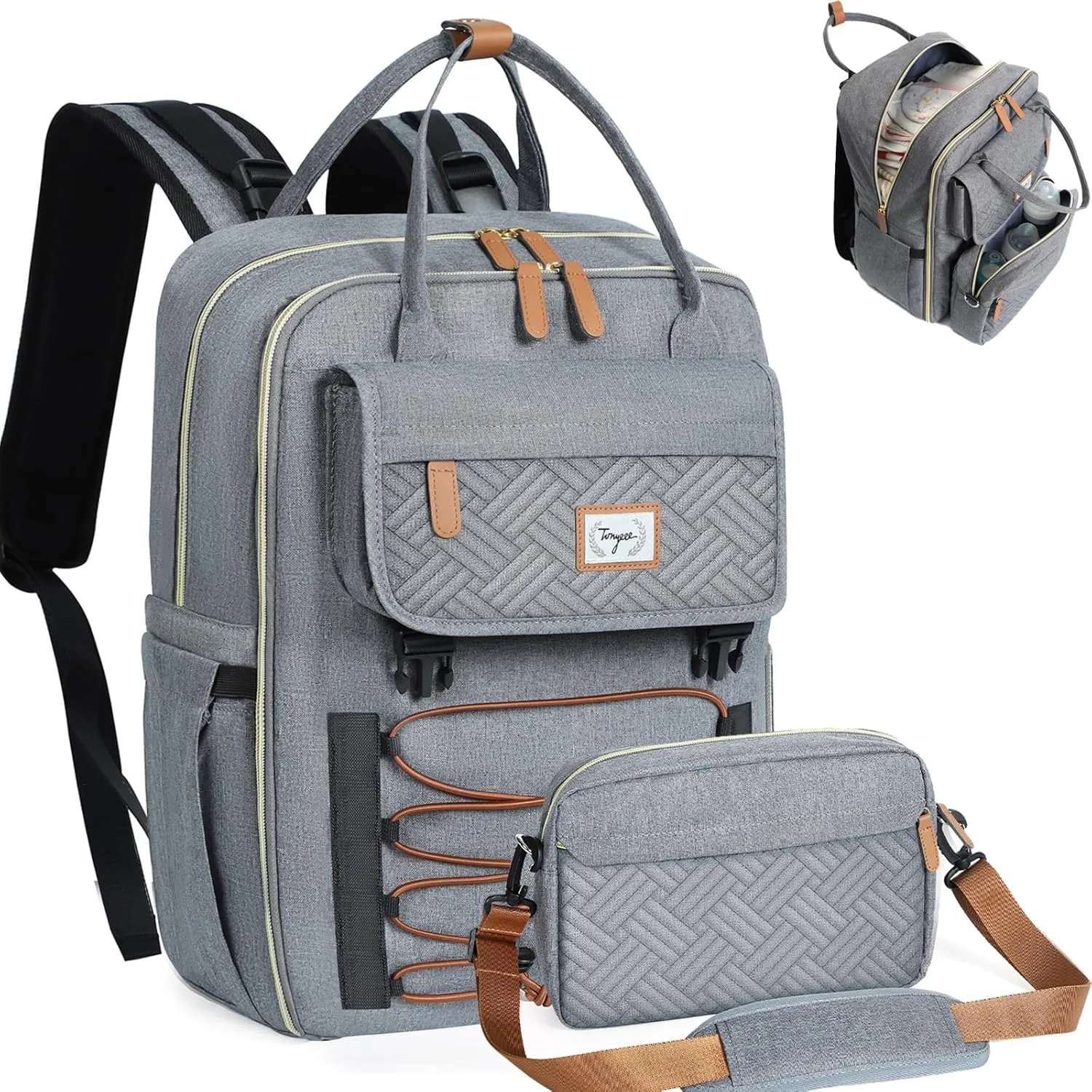 Diaper Bag Backpack Set, Baby Diaper Bag with Removable Cross Body Bag & Changing Pad, Travel Backpack for Women Men, Large Capacity, Waterproof, Grey