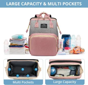 Diaper Bag Backpack with Changing Station, Large Baby Diaper Bag, Multifunctional Travel Diaper Waterproof Backpack for Baby Boy & Girls, with Portable Diaper Pad, Pink Grey