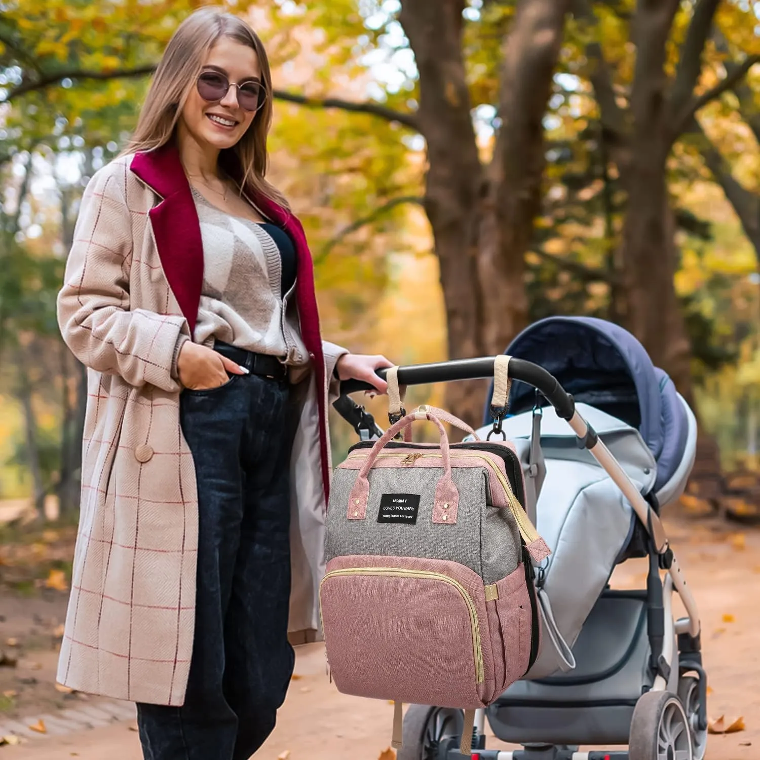 Diaper Bag Backpack with Changing Station, Large Baby Diaper Bag, Multifunctional Travel Diaper Waterproof Backpack for Baby Boy & Girls, with Portable Diaper Pad, Pink Grey