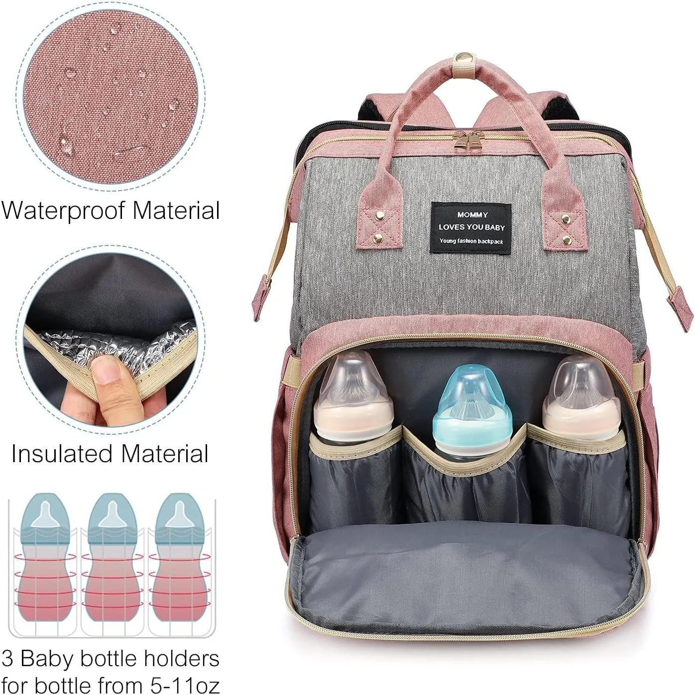 Diaper Bag Backpack with Changing Station, Large Baby Diaper Bag, Multifunctional Travel Diaper Waterproof Backpack for Baby Boy & Girls, with Portable Diaper Pad, Pink Grey