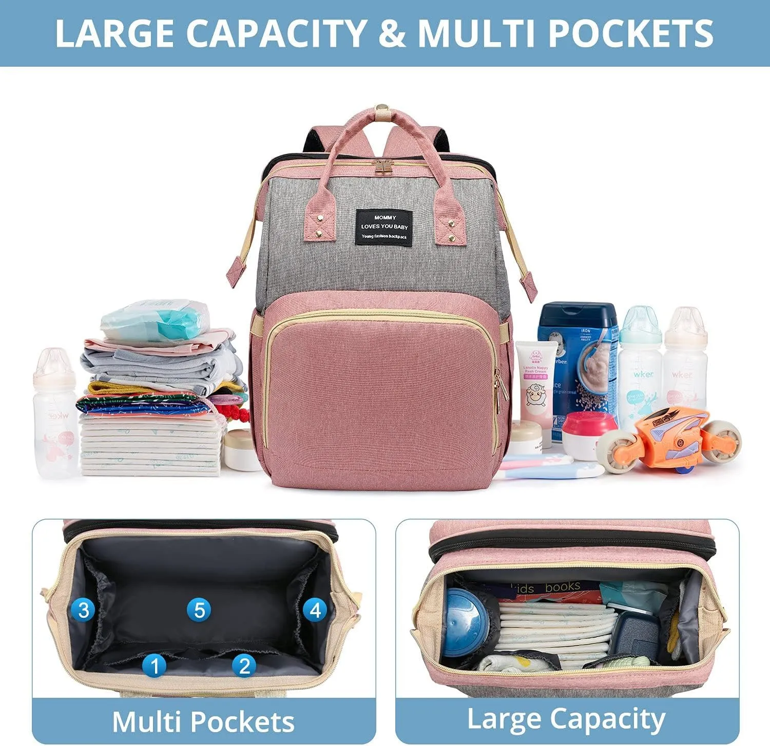 Diaper Bag Backpack with Changing Station, Large Baby Diaper Bag, Multifunctional Travel Diaper Waterproof Backpack for Baby Boy & Girls, with Portable Diaper Pad, Pink Grey