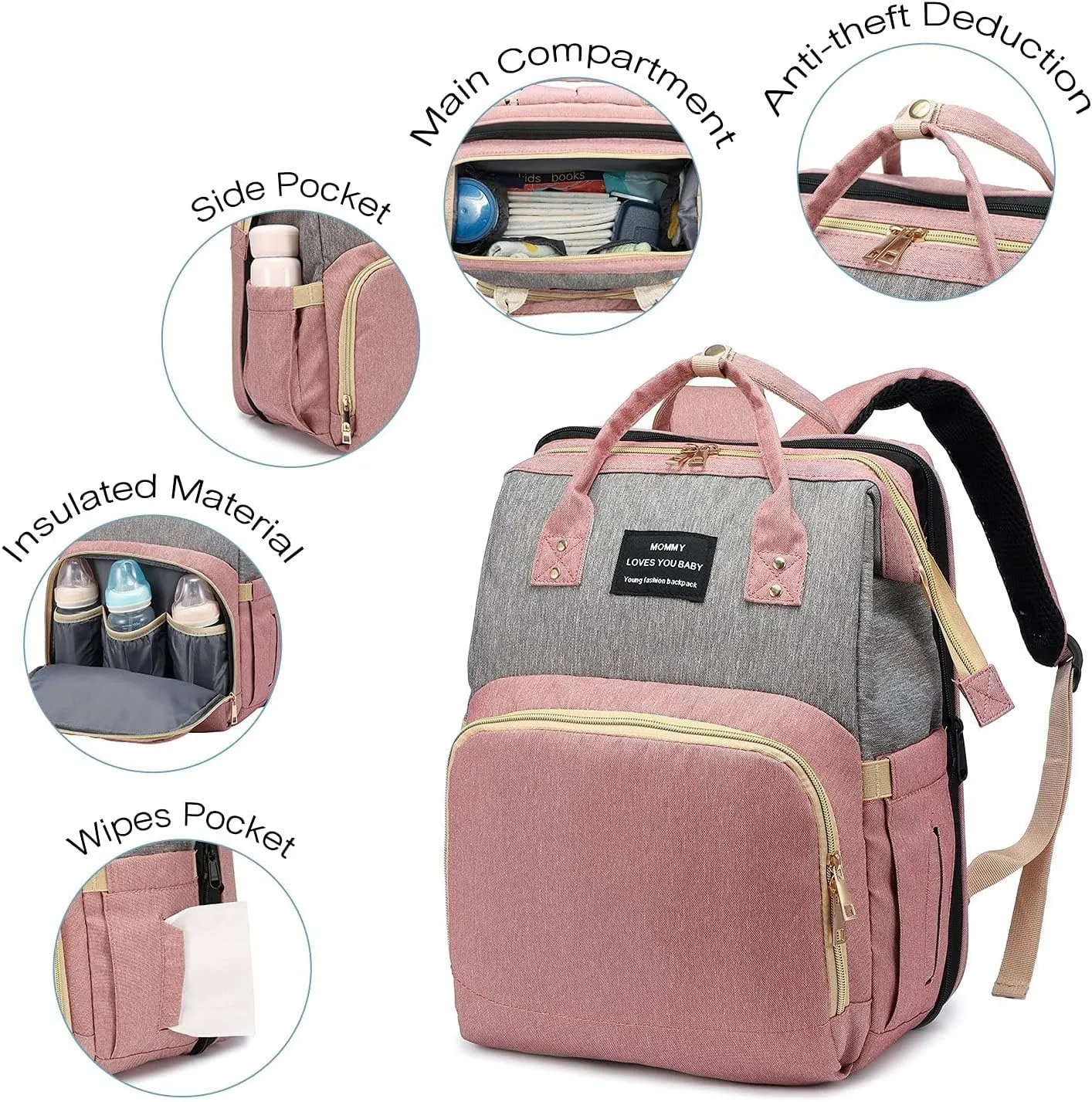 Diaper Bag Backpack with Changing Station, Large Baby Diaper Bag, Multifunctional Travel Diaper Waterproof Backpack for Baby Boy & Girls, with Portable Diaper Pad, Pink Grey