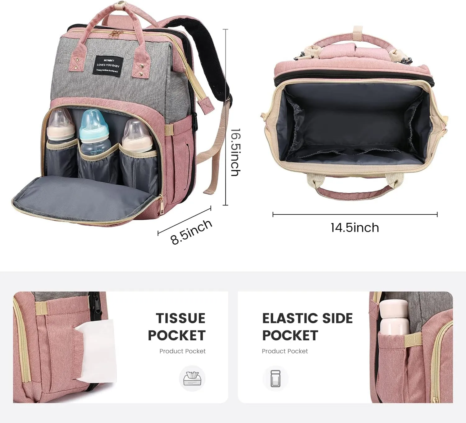 Diaper Bag Backpack with Changing Station, Large Baby Diaper Bag, Multifunctional Travel Diaper Waterproof Backpack for Baby Boy & Girls, with Portable Diaper Pad, Pink Grey