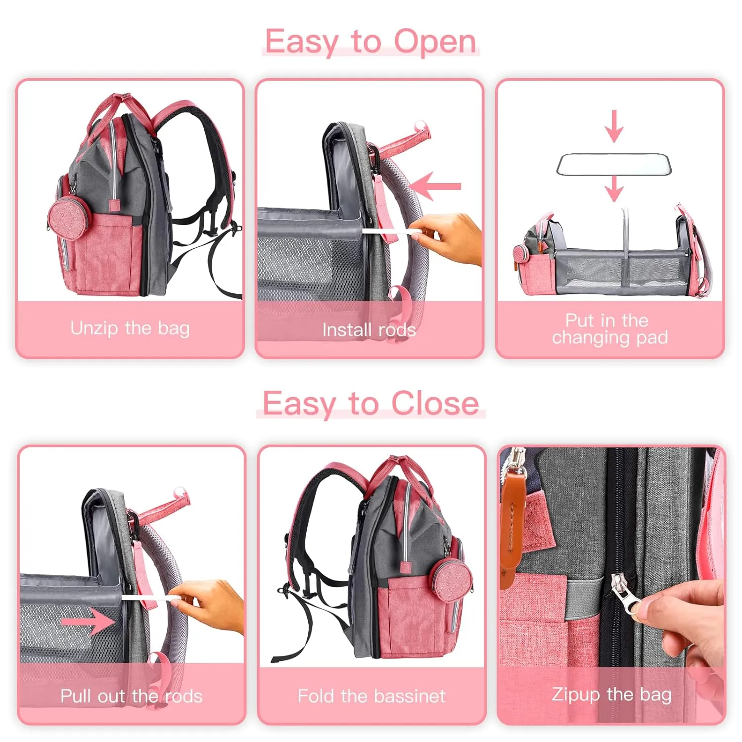 Diaper Bag Backpack with Changing Station, Large Diaper Bag, Baby Bag, Multifunctional Diaper Bag, Pinkgray