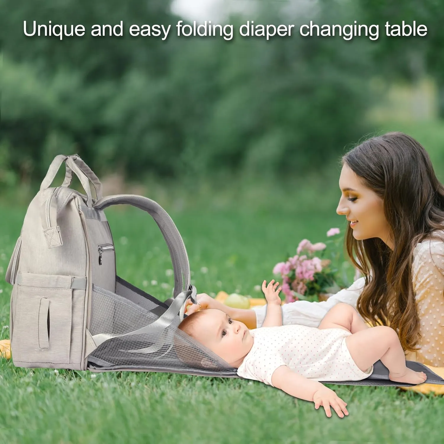 Diaper Bag Backpack, with Diaper Changing Table Backpack, Foldable Diaper Pad, Lightweight Large Capacity, Essential Diaper Bag for Daily Travel (Light Gray)