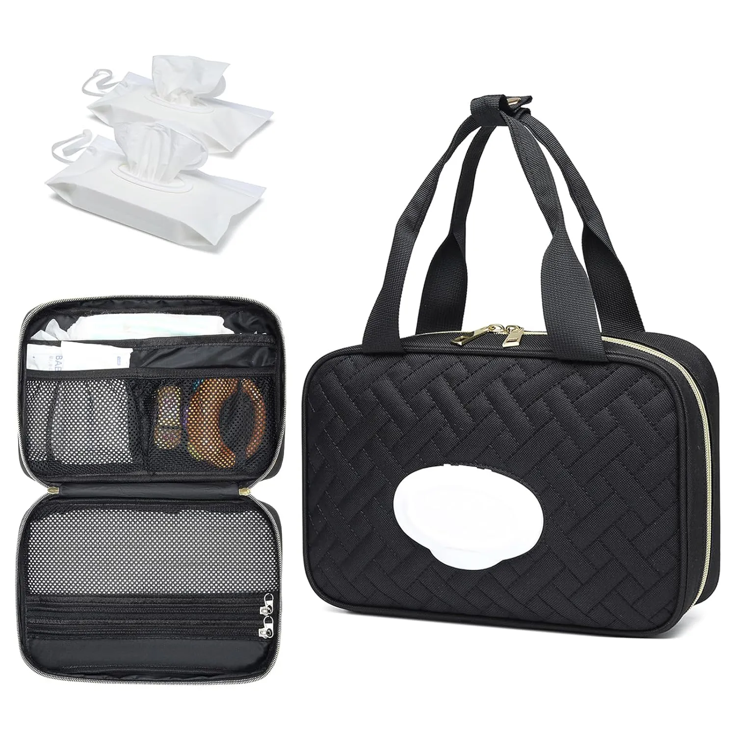 Diaper Bag Organizer with 2 Pieces Wipes Dispensers, Portable Stroller Mini Diaper Bag Pouches Travel Gear, Foldable Newborn Baby Essentials, Small Clutch, Black