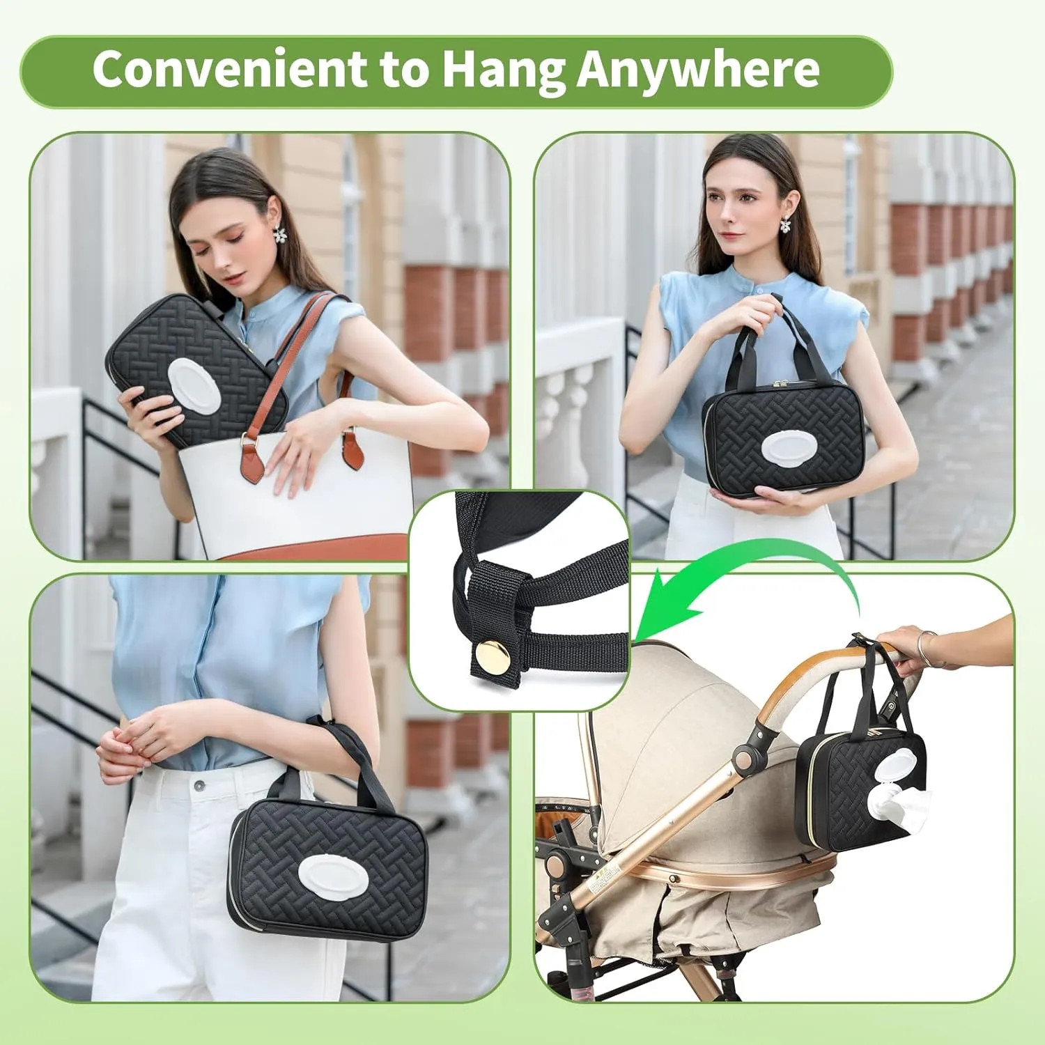 Diaper Bag Organizer with 2 Pieces Wipes Dispensers, Portable Stroller Mini Diaper Bag Pouches Travel Gear, Foldable Newborn Baby Essentials, Small Clutch, Black