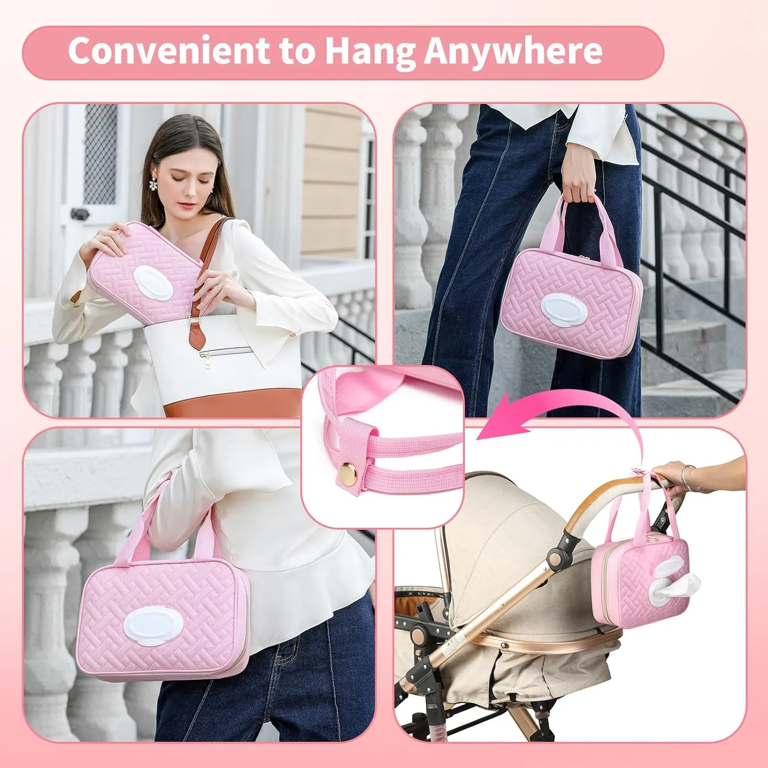 Diaper Bag Organizer with 2 Pieces Wipes Dispensers, Portable Stroller Mini Diaper Bag Pouches Travel Gear, Foldable Newborn Baby Essentials, Small Clutch, PInk