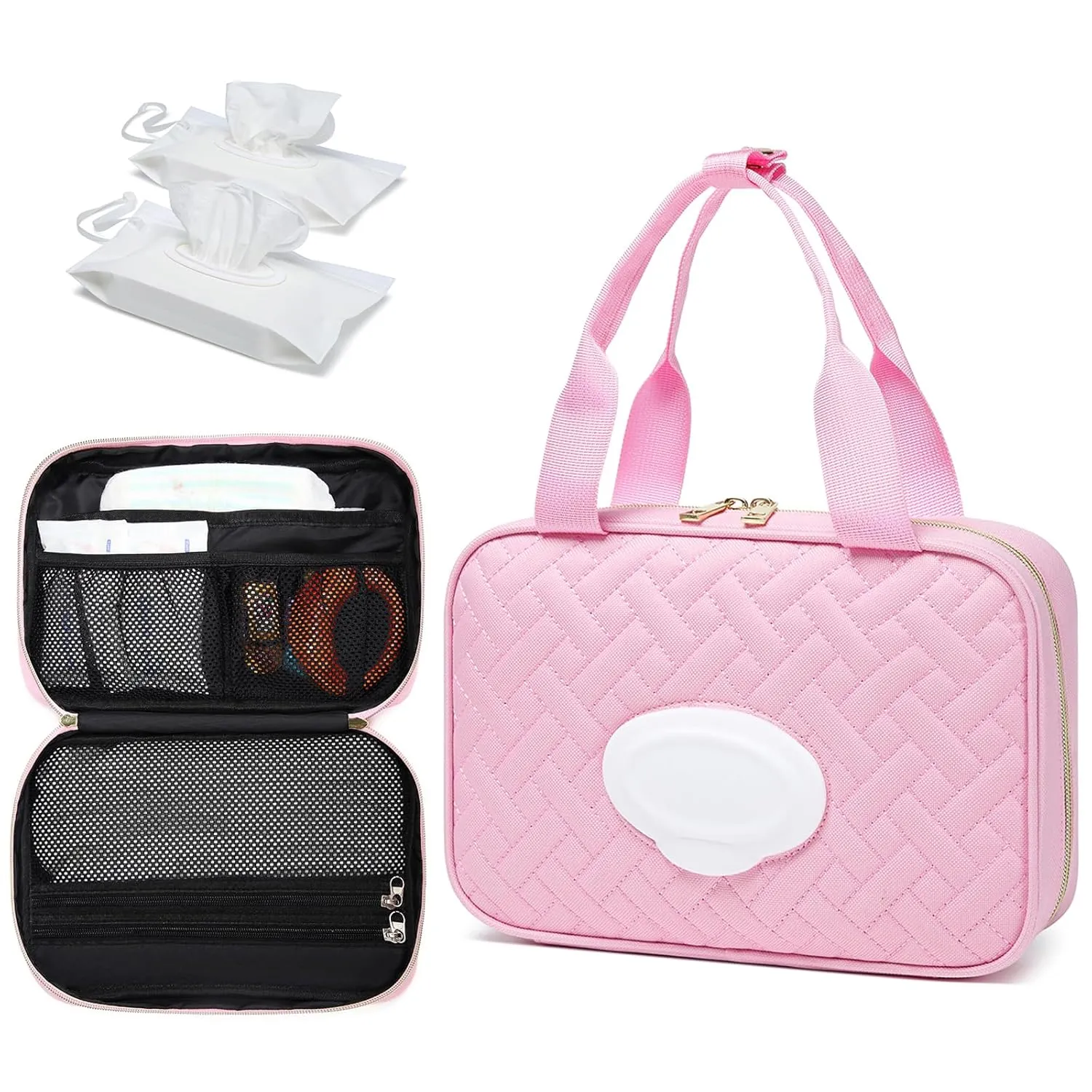 Diaper Bag Organizer with 2 Pieces Wipes Dispensers, Portable Stroller Mini Diaper Bag Pouches Travel Gear, Foldable Newborn Baby Essentials, Small Clutch, PInk