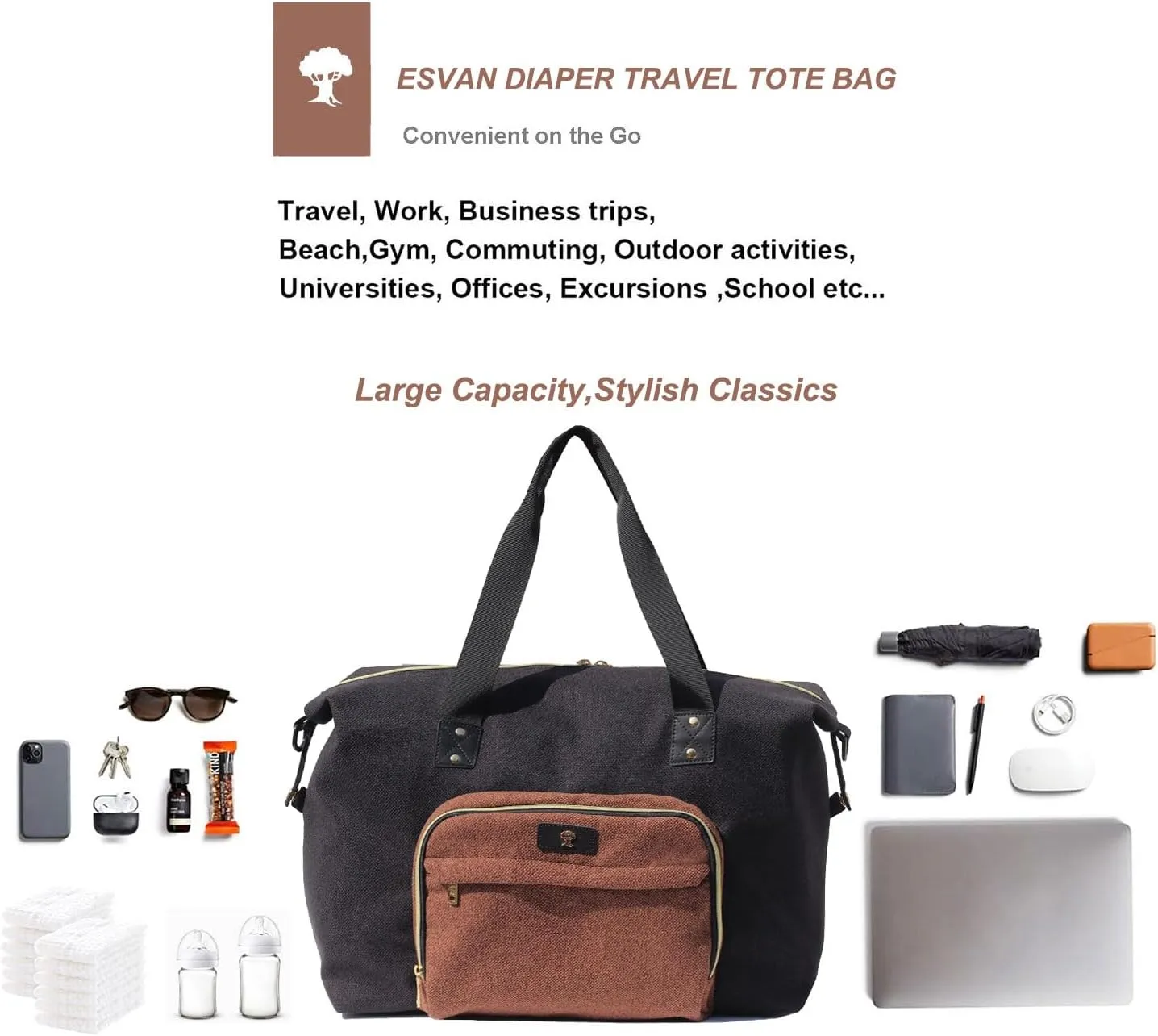 Diaper Bag Tote, Travel Overnight Carry-on Duffel Gym Bag, Multifunction Linen Canvas Dry Wet Maternity weekender