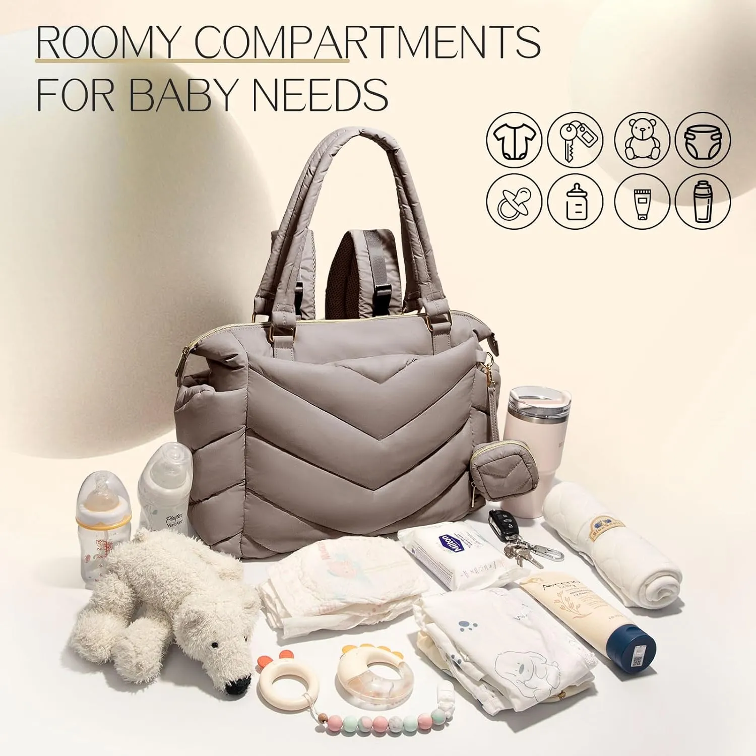 Diaper Bag Tote,Diaper Bag Backpack,Puffer Tote Bag with Pacifier Case,Lightweight Mommy for Hospital,Puffy with 10 Pockets,Convertible Baby for Travel,Khaki