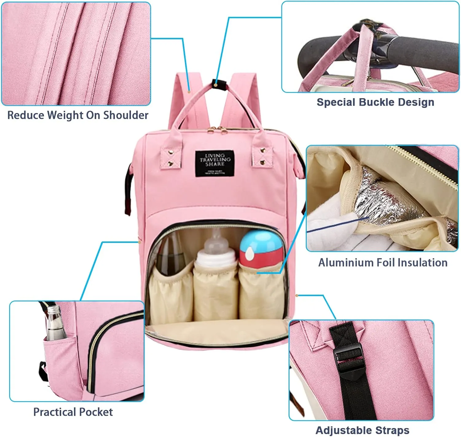 Diaper Bag with Organizing Pouches, Nappy Bags Handbag Multifunction Diaper Bag for Baby Care Travel Backpack Large Capacity Light Pink