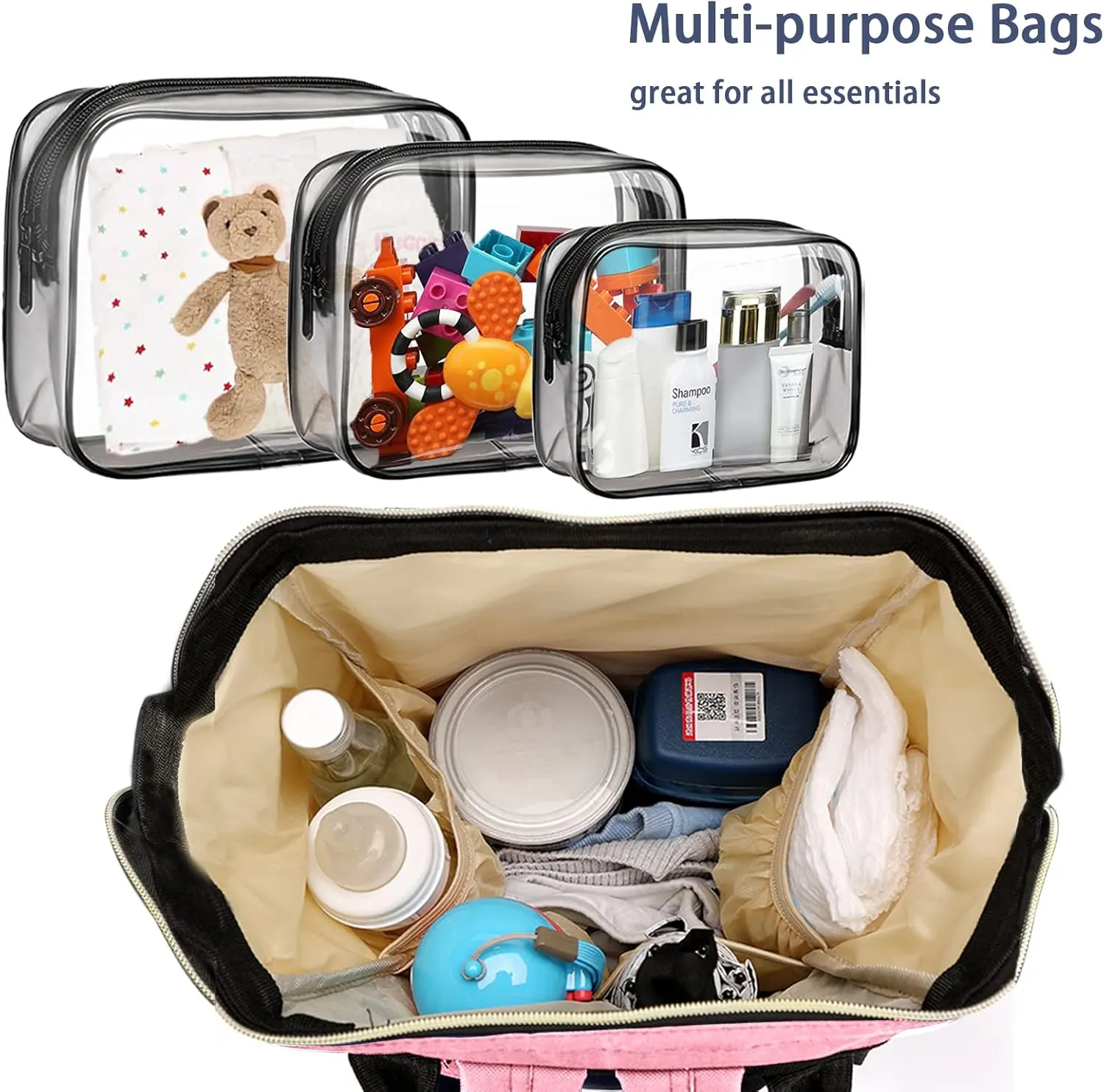 Diaper Bag with Organizing Pouches, Nappy Bags Handbag Multifunction Diaper Bag for Baby Care Travel Backpack Large Capacity Light Pink