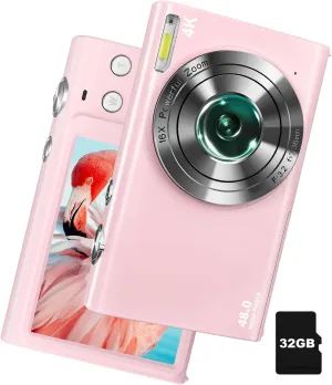 Digital Camera, 4K Autofocus Vlogging Camera with 32GB Card, 48MP Point and Shoot Digital Camera with Flash, 16X Zoom, Anti-Shake, Compact Camera for Teens Adult Beginner(Pink)