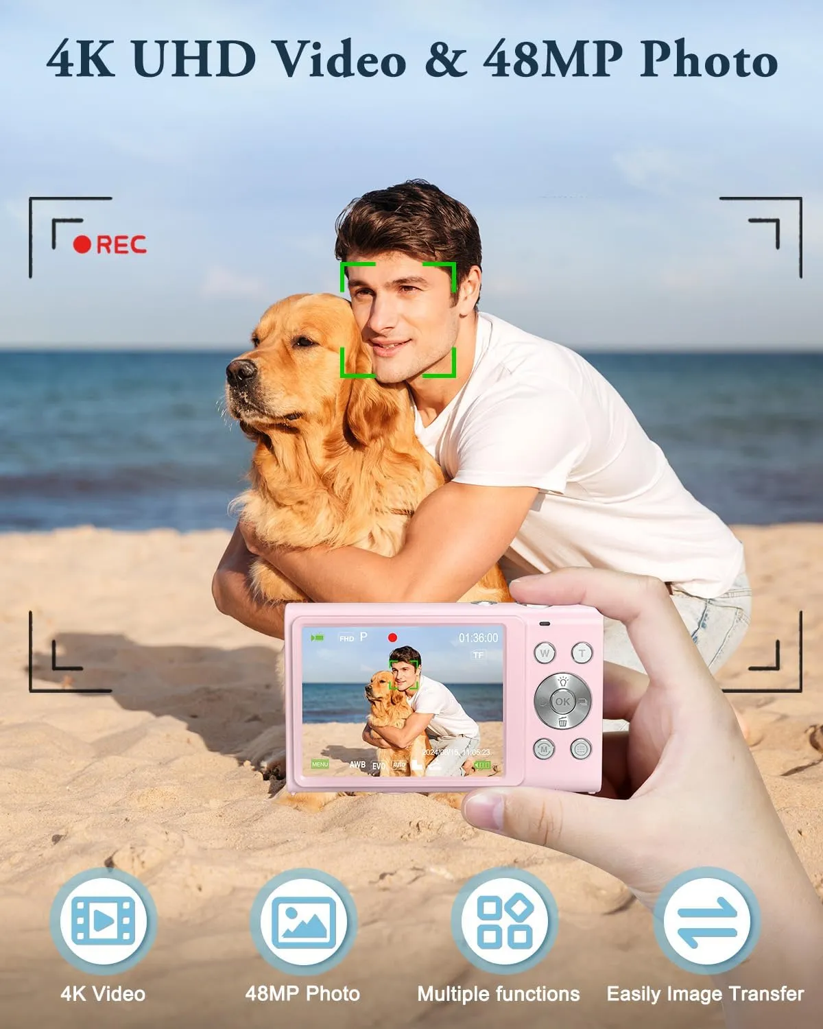 Digital Camera, 4K Autofocus Vlogging Camera with 32GB Card, 48MP Point and Shoot Digital Camera with Flash, 16X Zoom, Anti-Shake, Compact Camera for Teens Adult Beginner(Pink)
