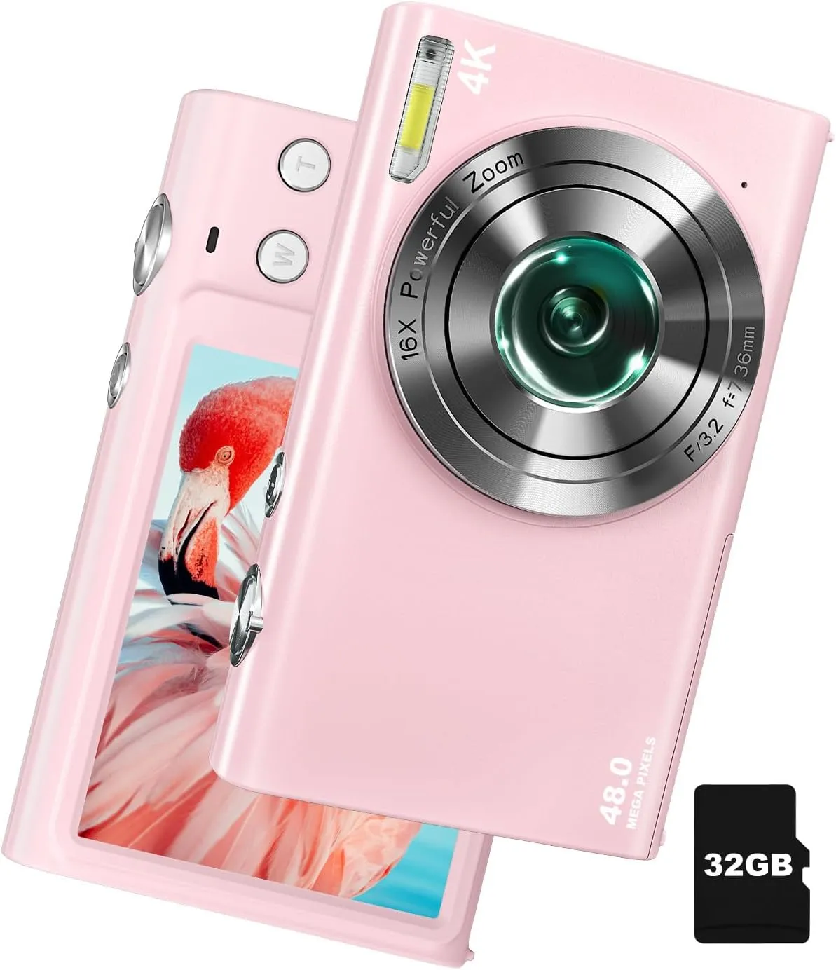 Digital Camera, 4K Autofocus Vlogging Camera with 32GB Card, 48MP Point and Shoot Digital Camera with Flash, 16X Zoom, Anti-Shake, Compact Camera for Teens Adult Beginner(Pink)