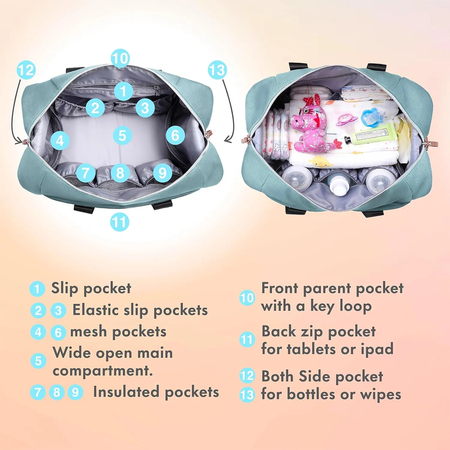 Dikaslon Diaper Bag Tote, Large Travel diaper tote for Mom and Dad, Multifunction baby tote bag for Boys and Girls with Pacifier Case and Changing Pad, Light Blue