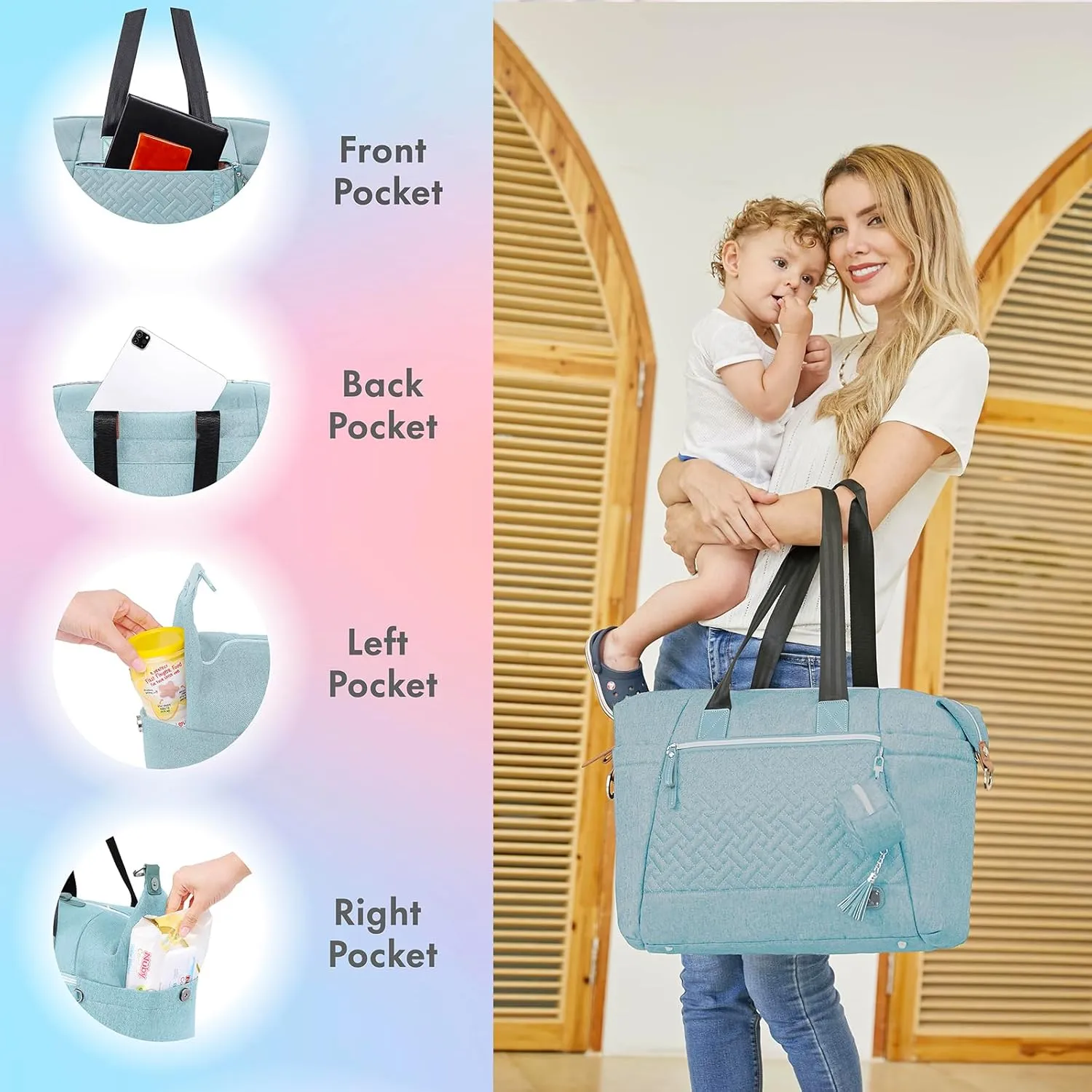 Dikaslon Diaper Bag Tote, Large Travel diaper tote for Mom and Dad, Multifunction baby tote bag for Boys and Girls with Pacifier Case and Changing Pad, Light Blue