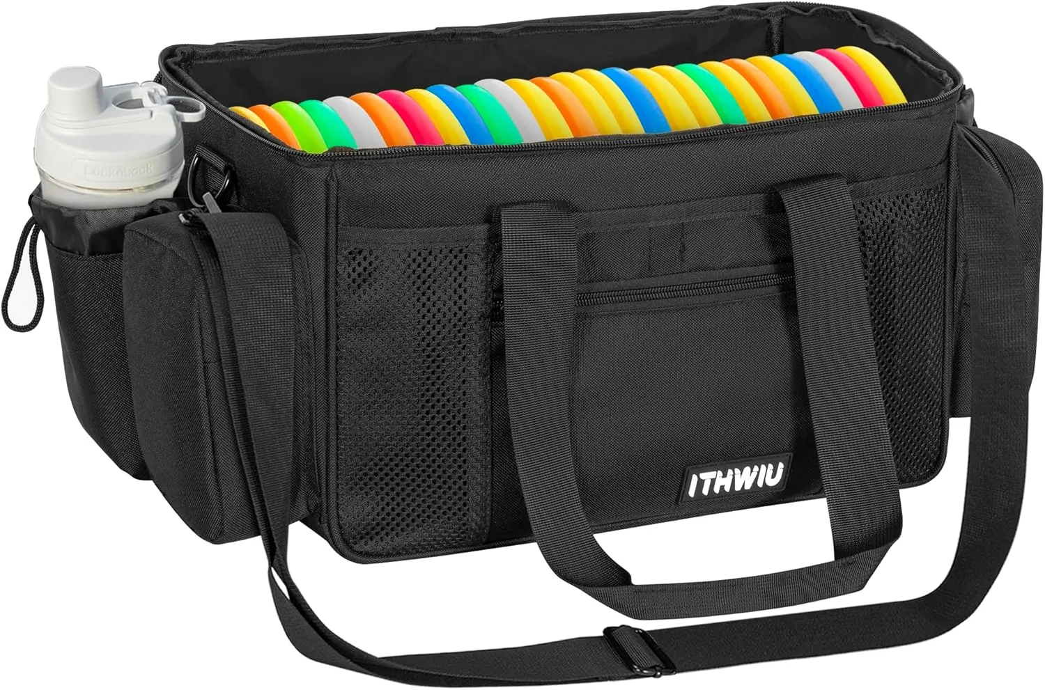 Disc Golf Storage Bag Durable Large Capacity with Dividers and Multi Side Pockets, Black