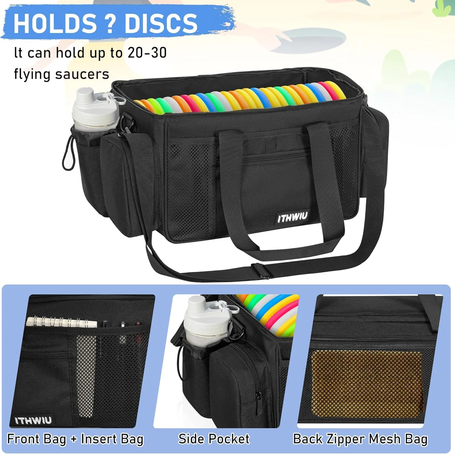 Disc Golf Storage Bag Durable Large Capacity with Dividers and Multi Side Pockets, Black