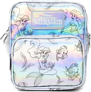 Disney Vegan Leather Crossbody Backpack with Adjustable Strap, The Little Mermaid Ariel and Flounder Poses Iridescent Holographic