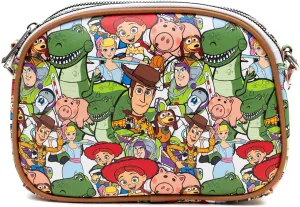 Disney Vegan Leather Crossbody bag with Adjustable Straps, Lilo & Stitch Stitch Close Up Lick Pose Applique, Blue, Toy Story Characters Stacked Multi Color, 8" x 7"