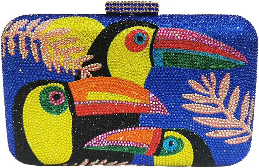 DJBM Women's Colorful Bird Crystal Bag Shiny Luxury Diamond Chain Purse for Night Dates Party