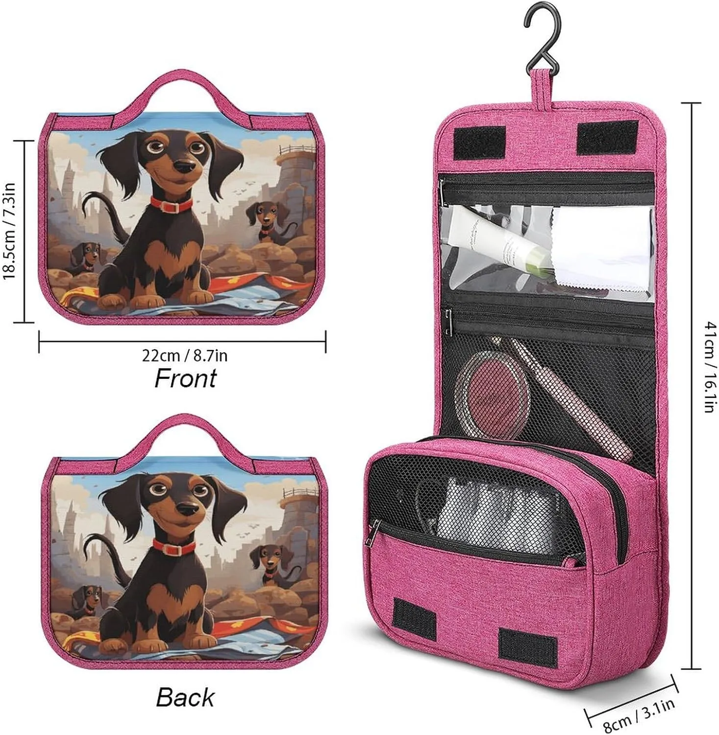 Dog Dachshunds Travel Toiletry Bag for Women,Hanging Toiletry Organizer with Hook, Makeup Bag Travel Organizer for Shampoo,Toiletriesl
