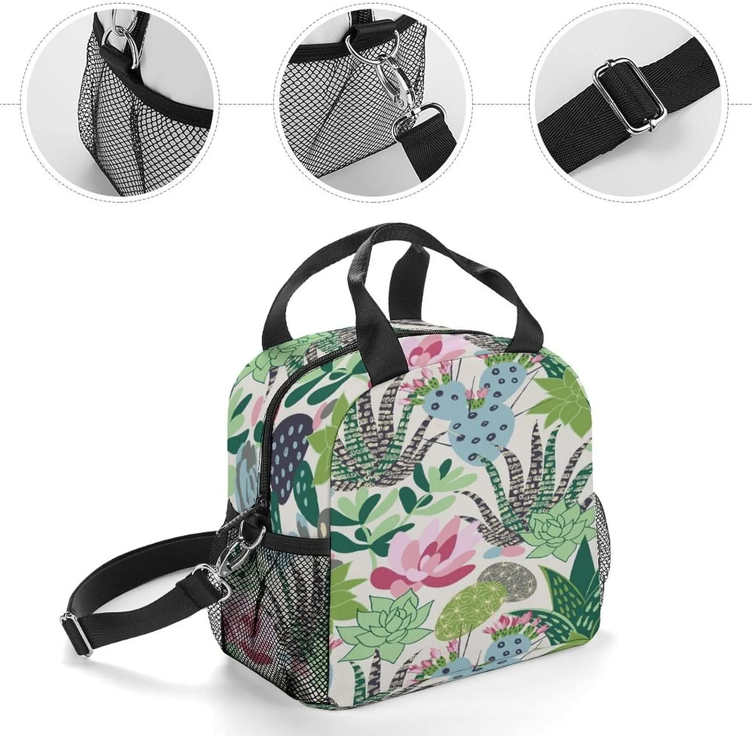 Donnapink Reusable Cooler Insulated Lunch Bag, Removable Strap Tote Handbag Thermal Reusable Box with Two Mesh Pockets 10x9x6.5 in Print Tropical Succulents Cactuses Flowers