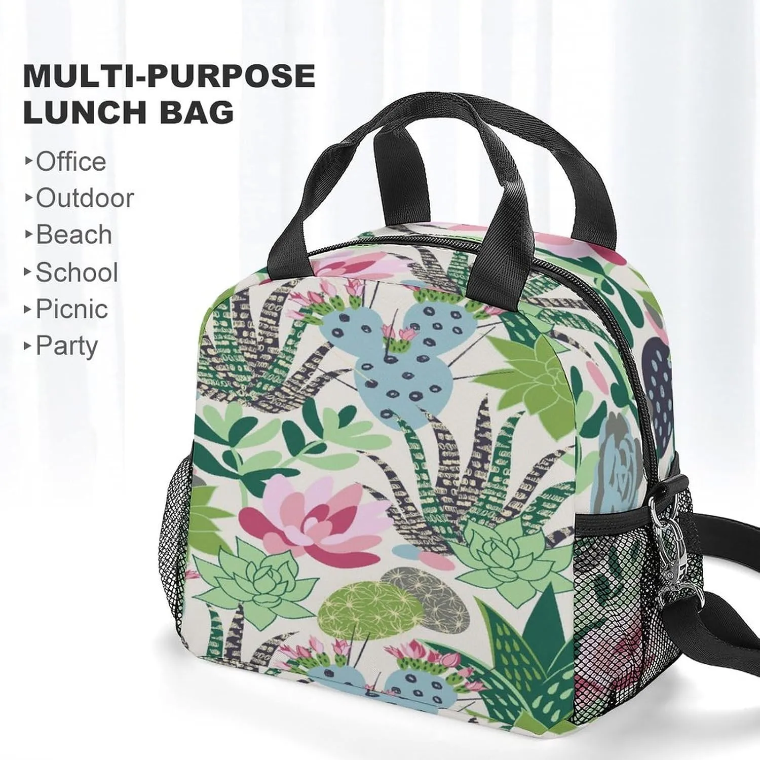 Donnapink Reusable Cooler Insulated Lunch Bag, Removable Strap Tote Handbag Thermal Reusable Box with Two Mesh Pockets 10x9x6.5 in Print Tropical Succulents Cactuses Flowers
