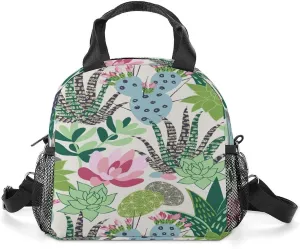 Donnapink Reusable Cooler Insulated Lunch Bag, Removable Strap Tote Handbag Thermal Reusable Box with Two Mesh Pockets 10x9x6.5 in Print Tropical Succulents Cactuses Flowers