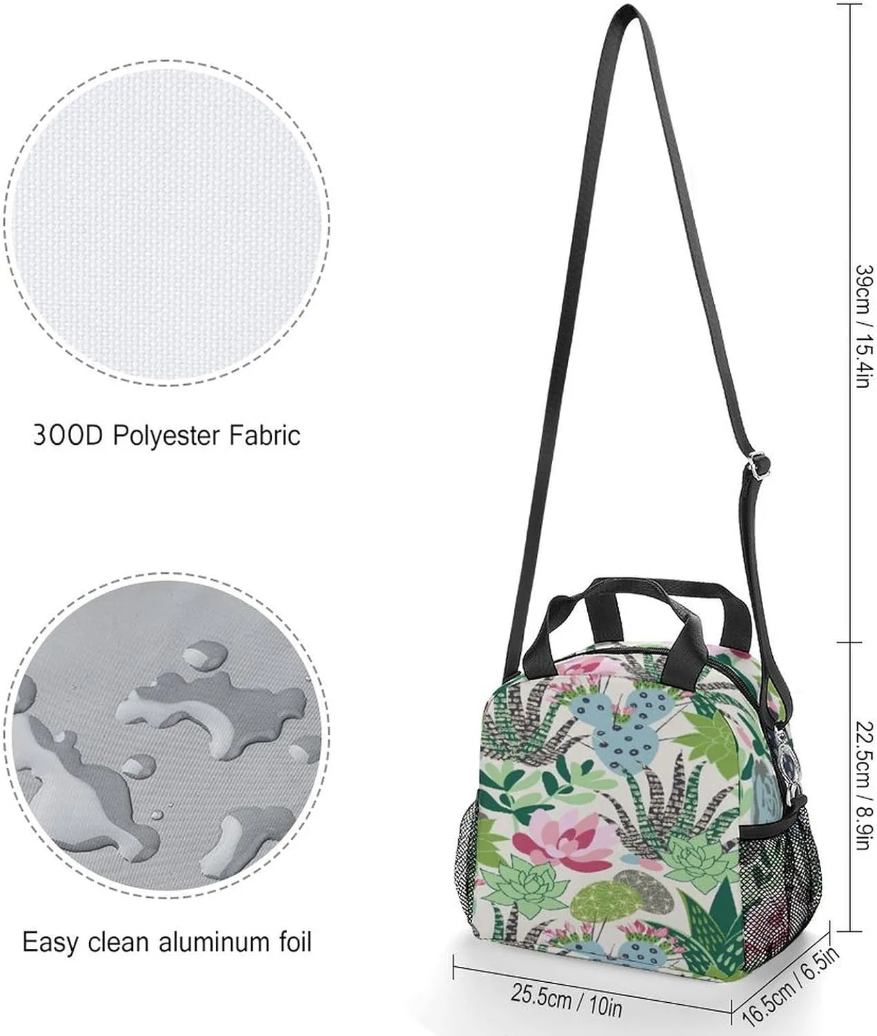 Donnapink Reusable Cooler Insulated Lunch Bag, Removable Strap Tote Handbag Thermal Reusable Box with Two Mesh Pockets 10x9x6.5 in Print Tropical Succulents Cactuses Flowers