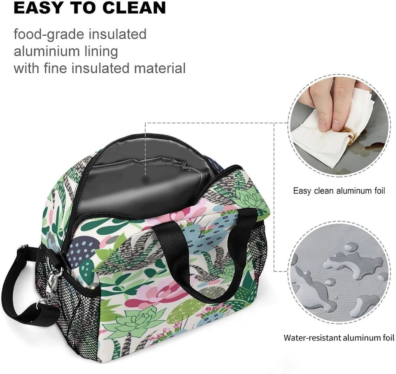 Donnapink Reusable Cooler Insulated Lunch Bag, Removable Strap Tote Handbag Thermal Reusable Box with Two Mesh Pockets 10x9x6.5 in Print Tropical Succulents Cactuses Flowers