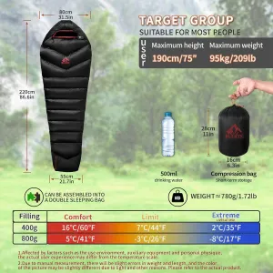 Down Sleeping Bag 620FP,3 Season Ultralight Sleeping Bag for Adults & Teens, Lightweight, Compact for Hiking, Camping & Backpacking.