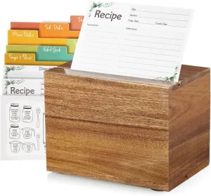 DRASTAR Recipe Card Box, Acacia Recipe Holder 4x6, Recipe Organizer with 50 Cards and 6 Dividers, Index Card Box, Wooden Box for Kitchen Countertop