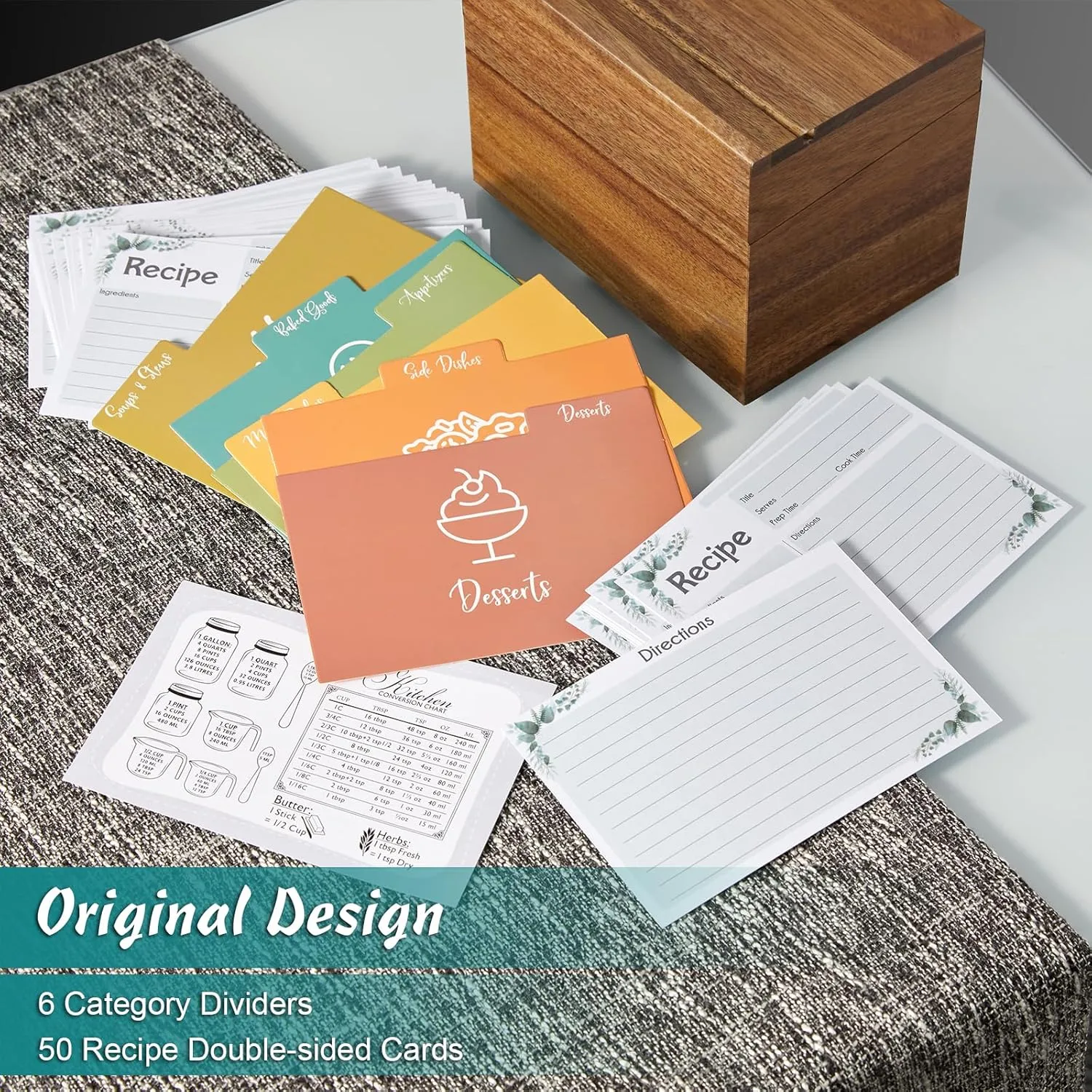 DRASTAR Recipe Card Box, Acacia Recipe Holder 4x6, Recipe Organizer with 50 Cards and 6 Dividers, Index Card Box, Wooden Box for Kitchen Countertop